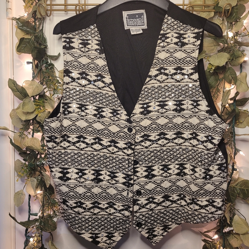 Tribal Print Black/Ivory Sequin Vest Sz L